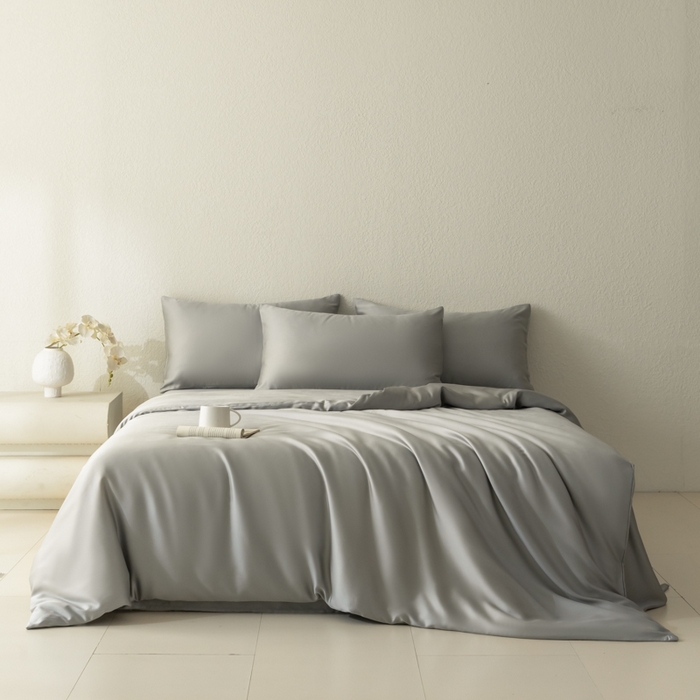 91家纺网 家纺一手货源 找家纺 禾时 2026新款60支奥地利兰精双拼纯色天丝四件套 云纱灰