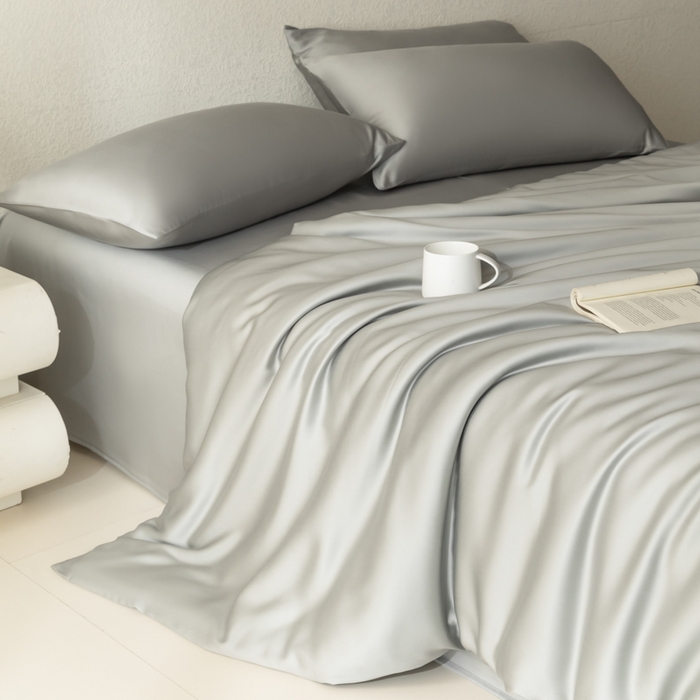 91家纺网 家纺一手货源 找家纺 禾时 2026新款60支奥地利兰精双拼纯色天丝四件套 云纱灰