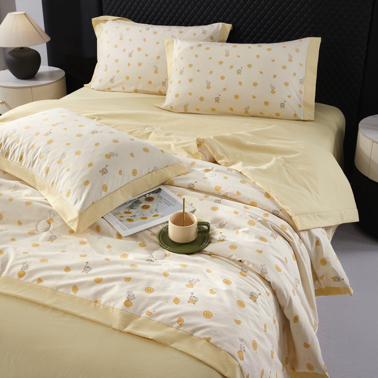 91家纺网 家纺一手货源 找家纺 网客家纺 2026新款A类凉感天丝棉夏被四件套 柠檬