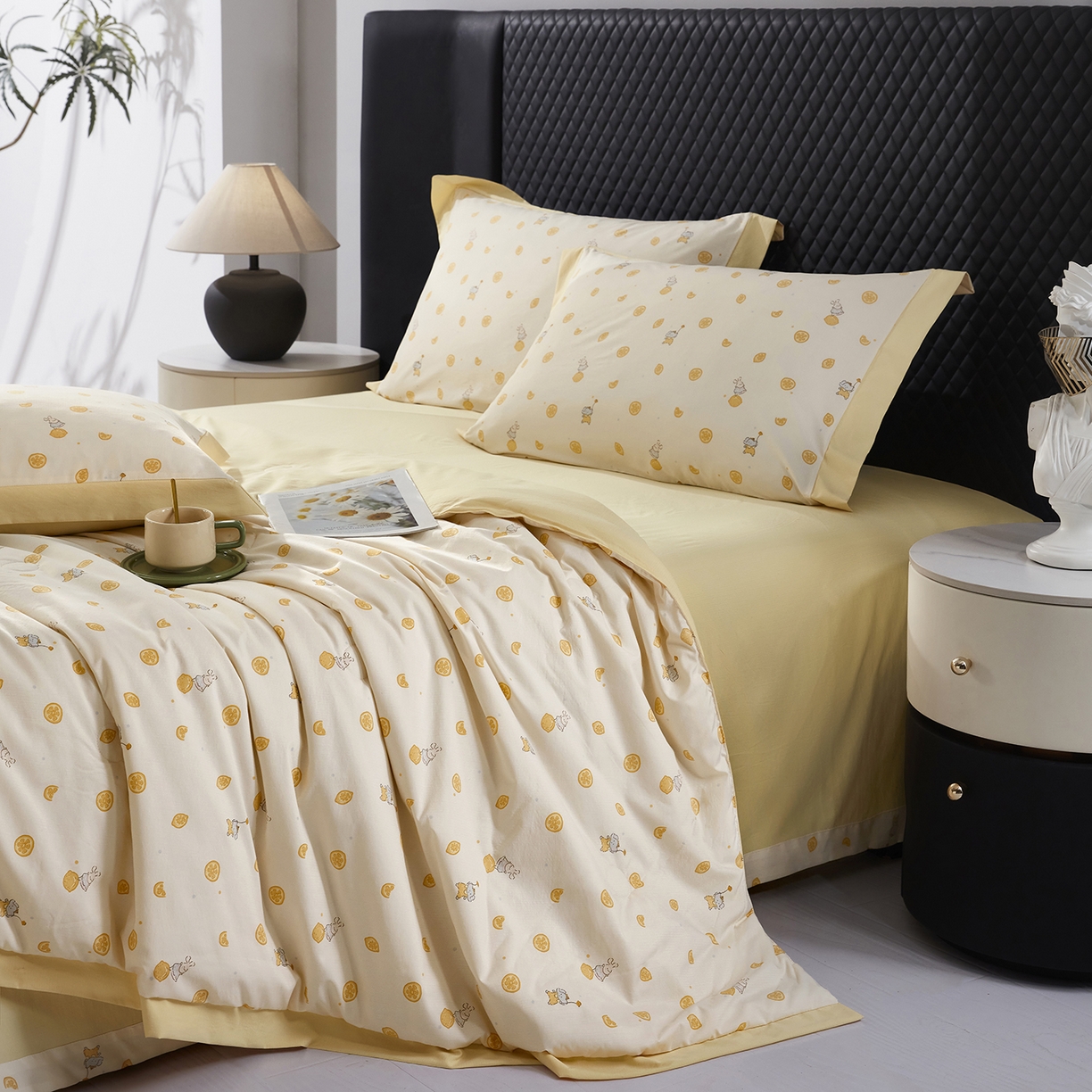 91家纺网 家纺一手货源 找家纺 网客家纺 2026新款A类凉感天丝棉夏被四件套 柠檬