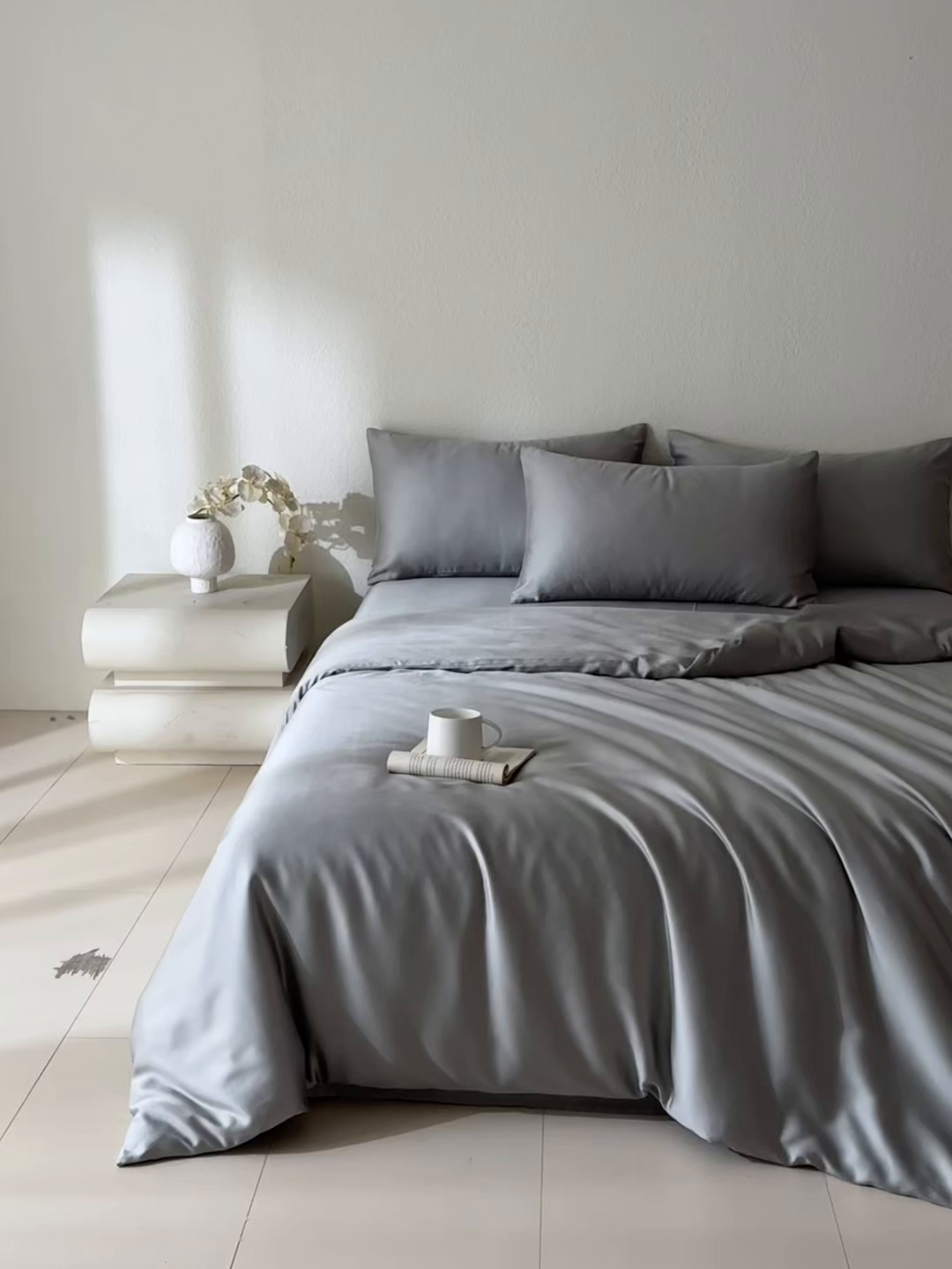 91家纺网 家纺一手货源 找家纺 禾时 2026新款60支奥地利兰精双拼纯色天丝四件套 云纱灰