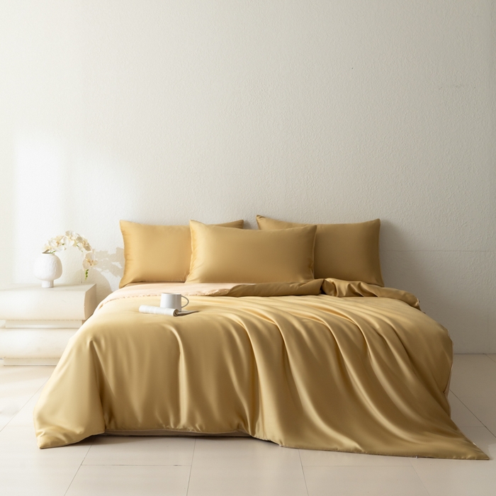 91家纺网 家纺一手货源 找家纺 禾时 2026新款60支奥地利兰精双拼纯色天丝四件套 芝士黄-沙茶色