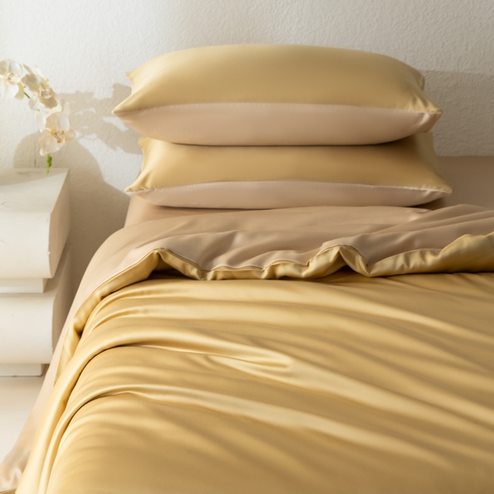 91家纺网 家纺一手货源 找家纺 禾时 2026新款60支奥地利兰精双拼纯色天丝四件套 芝士黄-沙茶色