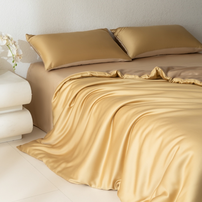 91家纺网 家纺一手货源 找家纺 禾时 2026新款60支奥地利兰精双拼纯色天丝四件套 芝士黄-沙茶色