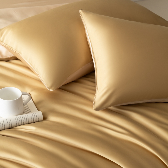 91家纺网 家纺一手货源 找家纺 禾时 2026新款60支奥地利兰精双拼纯色天丝四件套 芝士黄-沙茶色