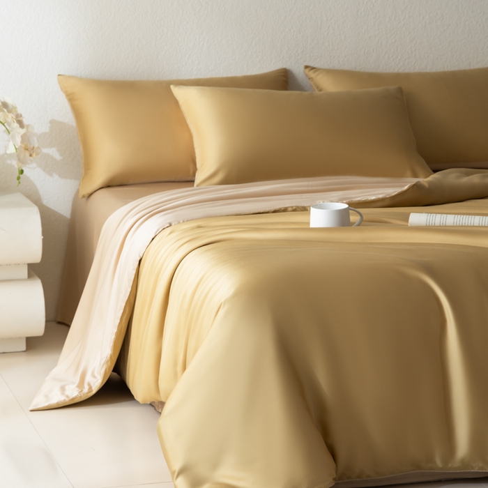 91家纺网 家纺一手货源 找家纺 禾时 2026新款60支奥地利兰精双拼纯色天丝四件套 芝士黄-沙茶色