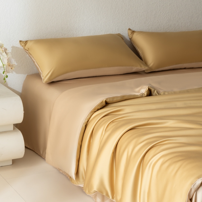 91家纺网 家纺一手货源 找家纺 禾时 2026新款60支奥地利兰精双拼纯色天丝四件套 芝士黄-沙茶色