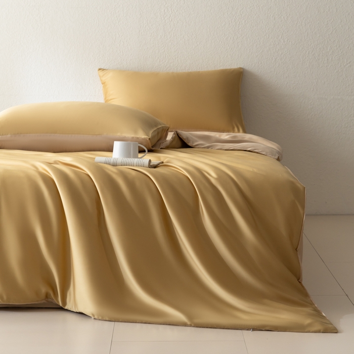 91家纺网 家纺一手货源 找家纺 禾时 2026新款60支奥地利兰精双拼纯色天丝四件套 芝士黄-沙茶色