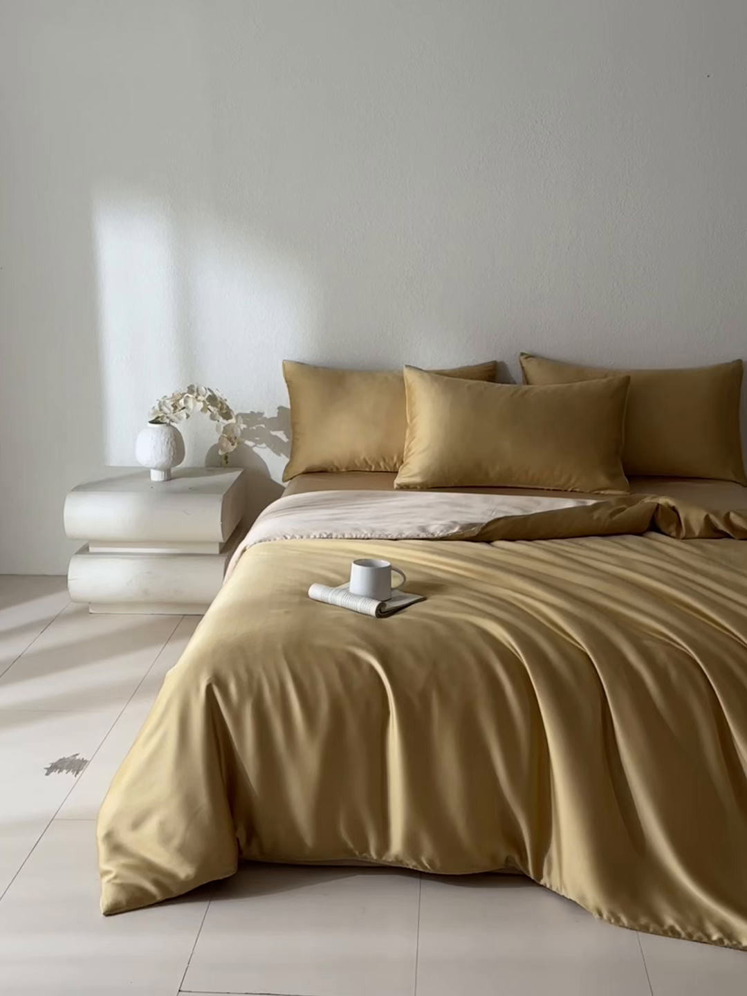 91家纺网 家纺一手货源 找家纺 禾时 2026新款60支奥地利兰精双拼纯色天丝四件套 芝士黄-沙茶色