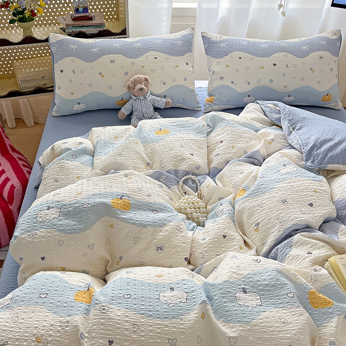 91家纺网 家纺一手货源 找家纺 仟网汇 2026新款简单款泡芙纱印花四件套 果子小象