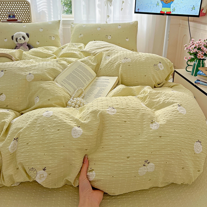 91家纺网 家纺一手货源 找家纺 仟网汇 2026新款简单款泡芙纱印花四件套 抹茶梅梅