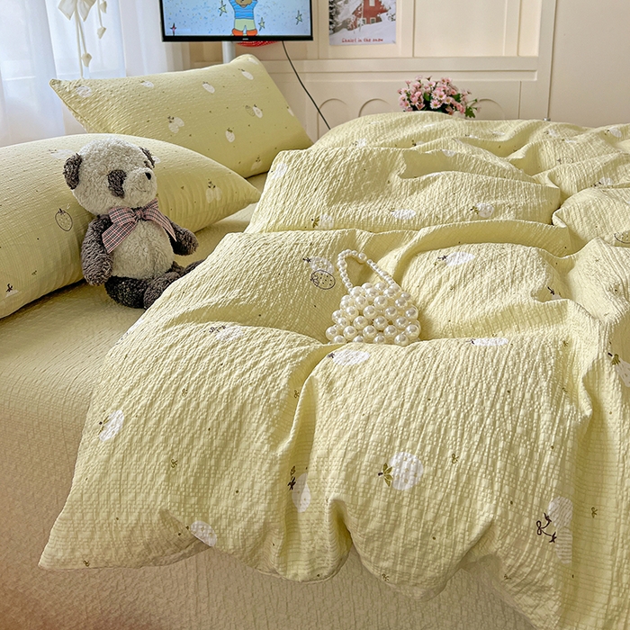 91家纺网 家纺一手货源 找家纺 仟网汇 2026新款简单款泡芙纱印花四件套 抹茶梅梅