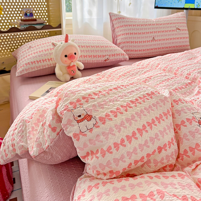 91家纺网 家纺一手货源 找家纺 仟网汇 2026新款简单款泡芙纱印花四件套 泡芙小狗