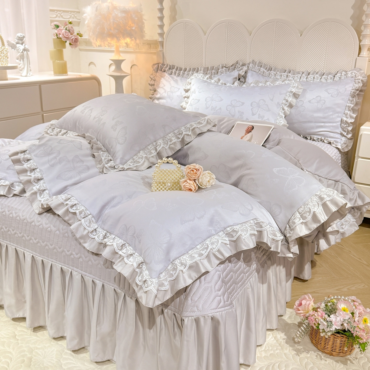 91家纺网 家纺一手货源 找家纺 优贝家纺 2026春夏新款提花水洗天丝冰丝天丝韩版夹棉床盖四件套 蝶舞-绅士灰