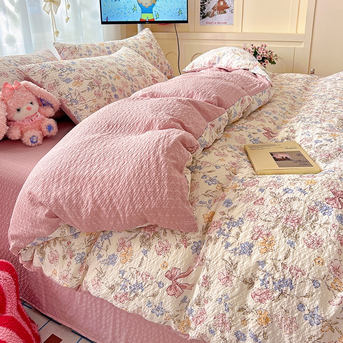 91家纺网 家纺一手货源 找家纺 仟网汇 2026新款简单款泡芙纱印花四件套 诗意柔