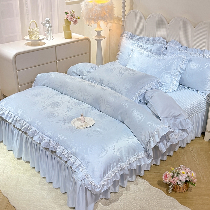 91家纺网 家纺一手货源 找家纺 优贝家纺 2026春夏新款提花水洗天丝冰丝天丝韩版夹棉床盖四件套 花涧-天蓝