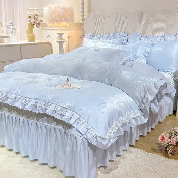 91家纺网 家纺一手货源 找家纺 优贝家纺 2026春夏新款提花水洗天丝冰丝天丝韩版夹棉床盖四件套 花涧-天蓝