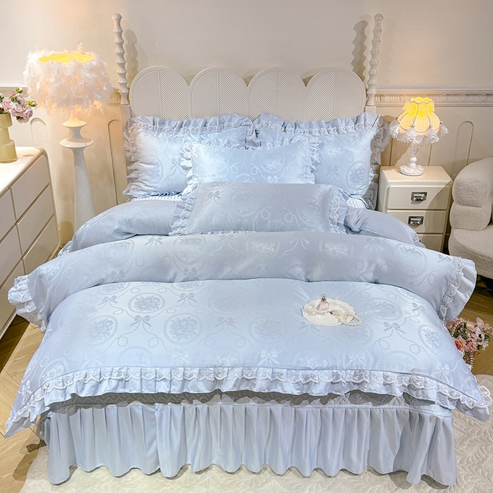 91家纺网 家纺一手货源 找家纺 优贝家纺 2026春夏新款提花水洗天丝冰丝天丝韩版夹棉床盖四件套 花涧-天蓝