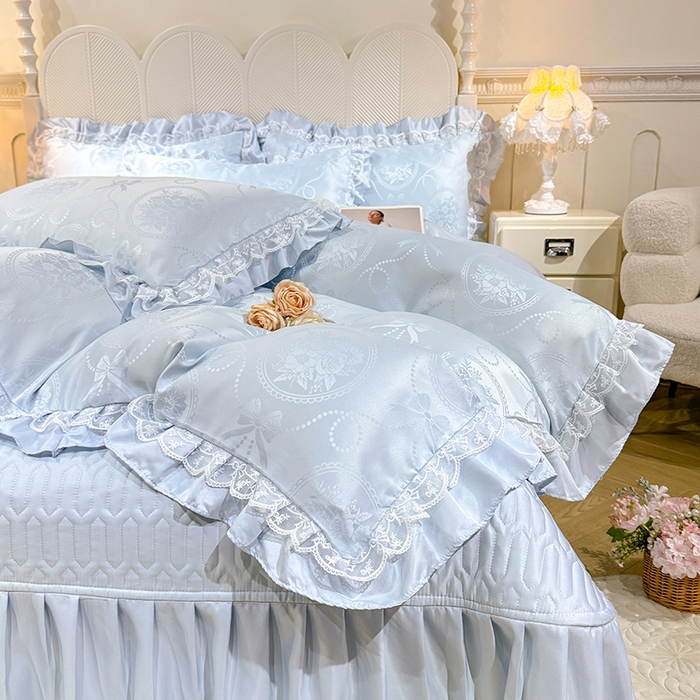 91家纺网 家纺一手货源 找家纺 优贝家纺 2026春夏新款提花水洗天丝冰丝天丝韩版夹棉床盖四件套 花涧-天蓝