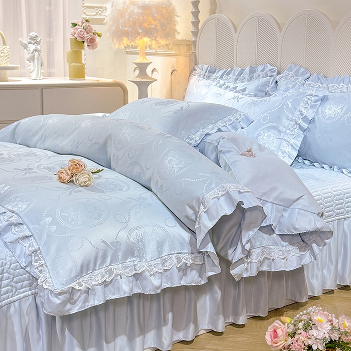 91家纺网 家纺一手货源 找家纺 优贝家纺 2026春夏新款提花水洗天丝冰丝天丝韩版夹棉床盖四件套 花涧-天蓝