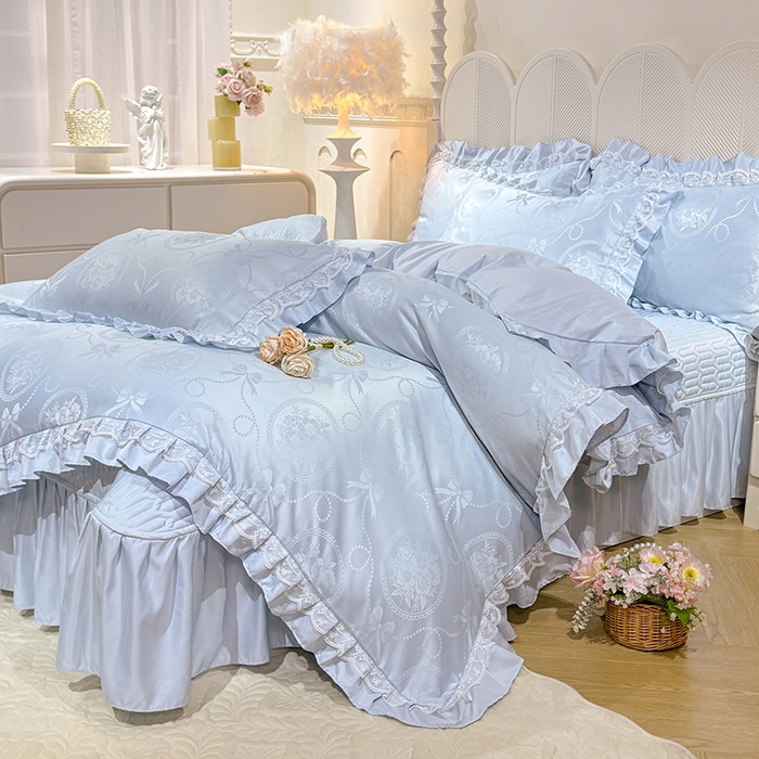 91家纺网 家纺一手货源 找家纺 优贝家纺 2026春夏新款提花水洗天丝冰丝天丝韩版夹棉床盖四件套 花涧-天蓝