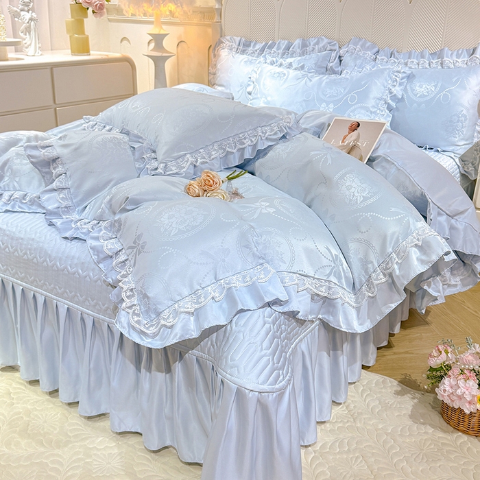 91家纺网 家纺一手货源 找家纺 优贝家纺 2026春夏新款提花水洗天丝冰丝天丝韩版夹棉床盖四件套 花涧-天蓝