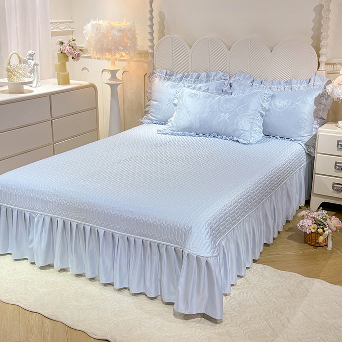 91家纺网 家纺一手货源 找家纺 优贝家纺 2026春夏新款提花水洗天丝冰丝天丝韩版夹棉床盖四件套 花涧-天蓝