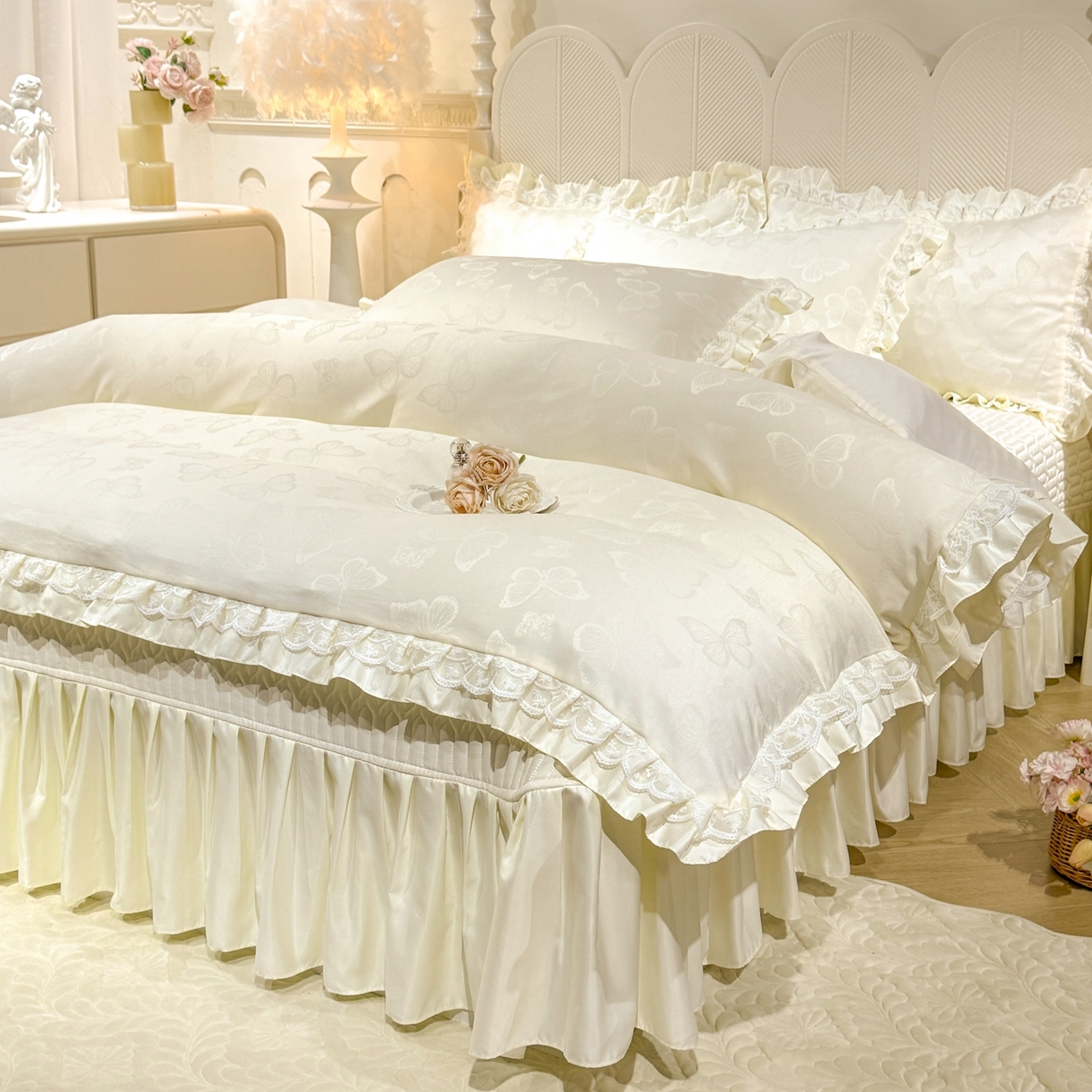 91家纺网 家纺一手货源 找家纺 优贝家纺 2026春夏新款提花水洗天丝冰丝天丝韩版夹棉床盖四件套 蝶舞-奶油白