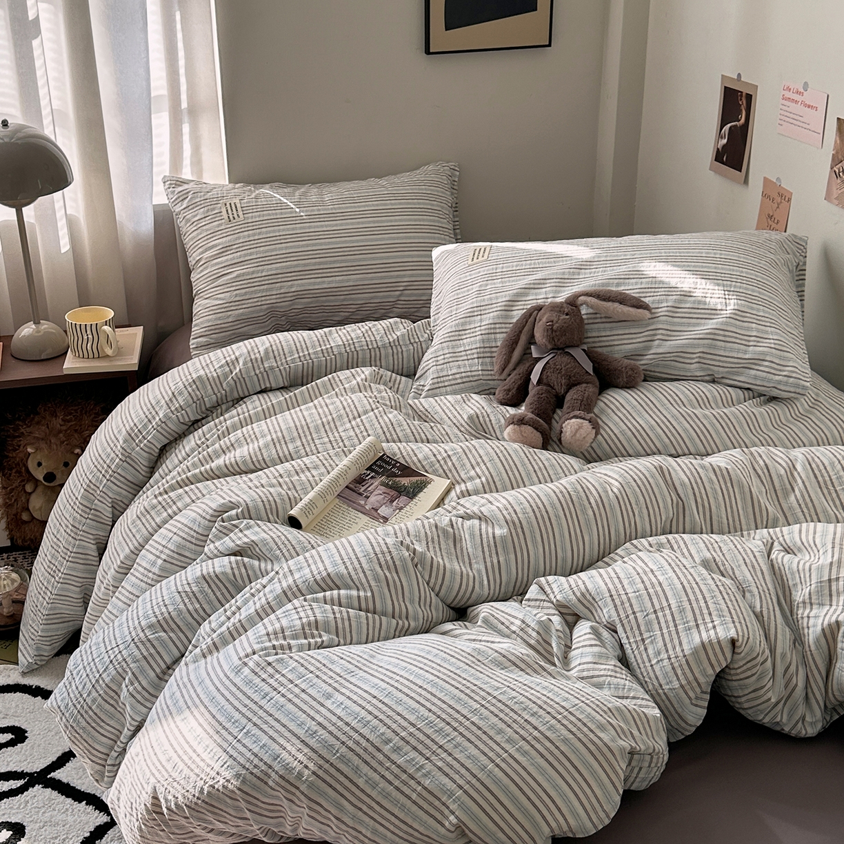 91家纺网 家纺一手货源 找家纺 艾咪-Amy ntmy 2026新款布标条纹款全棉纯棉色织水洗棉四件套 蓝灰条