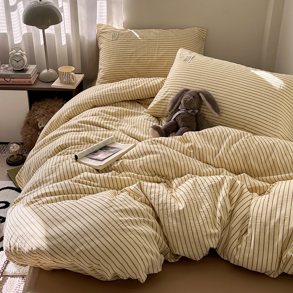 91家纺网 家纺一手货源 找家纺 艾咪-Amy ntmy 2026新款布标条纹款全棉纯棉色织水洗棉四件套 马卡黄