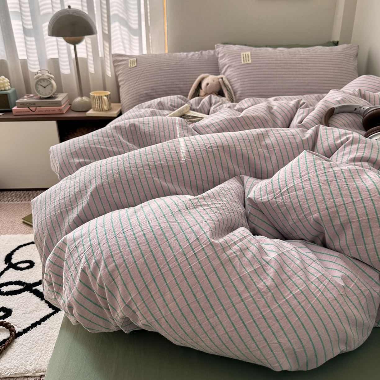 91家纺网 家纺一手货源 找家纺 艾咪-Amy ntmy 2026新款布标条纹款全棉纯棉色织水洗棉四件套 马卡紫