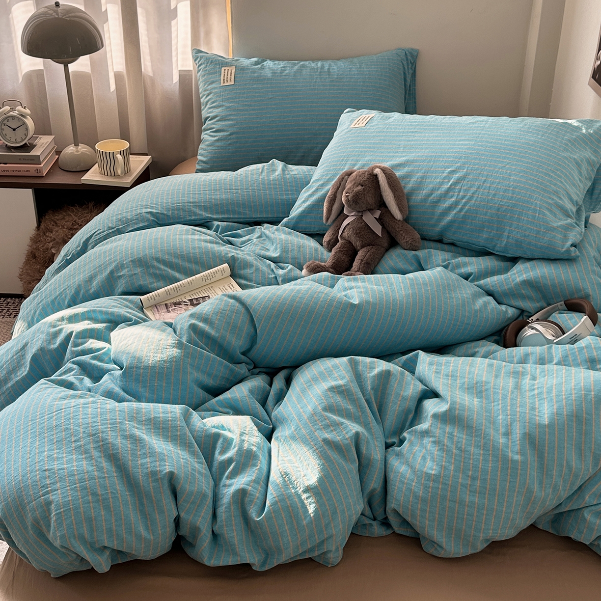 91家纺网 家纺一手货源 找家纺 艾咪-Amy ntmy 2026新款布标条纹款全棉纯棉色织水洗棉四件套 普蓝条