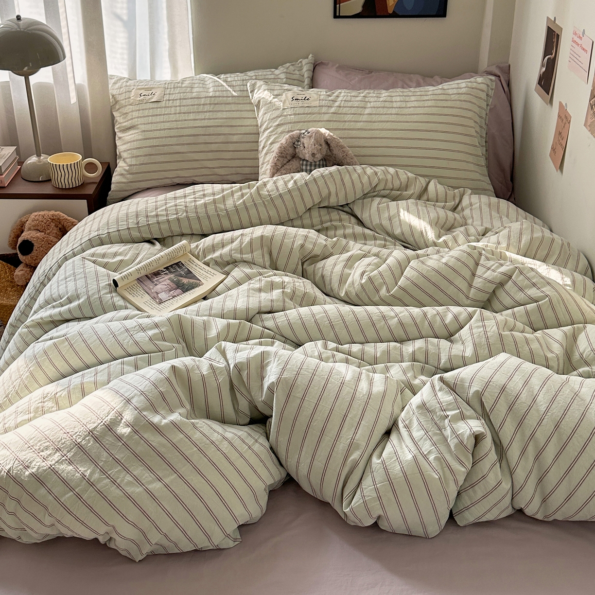 91家纺网 家纺一手货源 找家纺 艾咪-Amy ntmy 2026新款布标条纹款全棉纯棉色织水洗棉四件套 告白-绿条