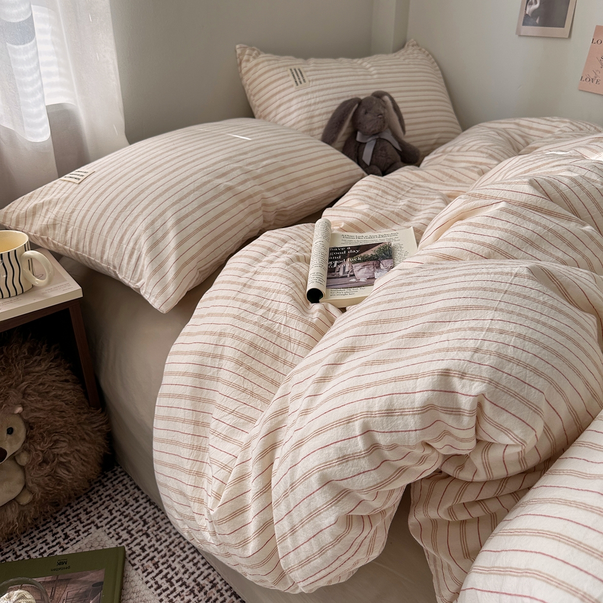 91家纺网 家纺一手货源 找家纺 艾咪-Amy ntmy 2026新款布标条纹款全棉纯棉色织水洗棉四件套 焦糖条