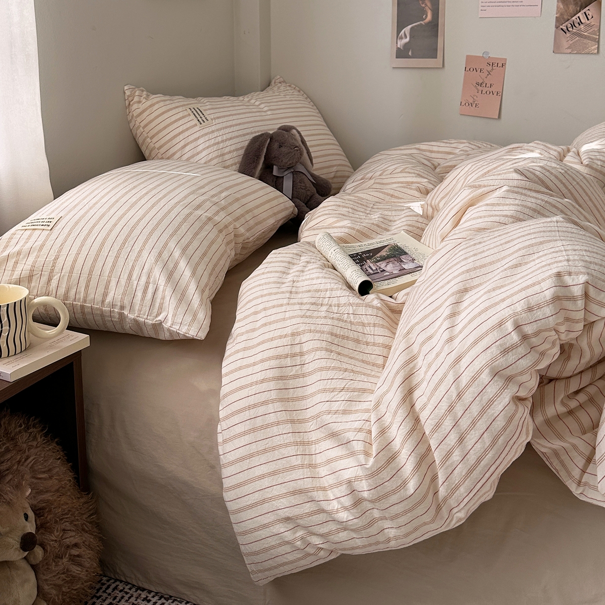 91家纺网 家纺一手货源 找家纺 艾咪-Amy ntmy 2026新款布标条纹款全棉纯棉色织水洗棉四件套 焦糖条