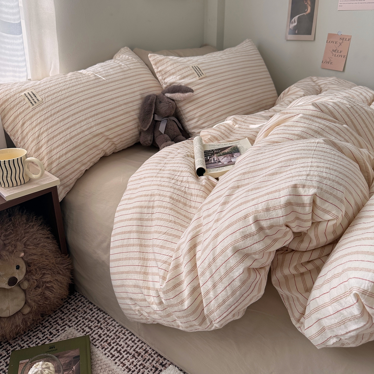 91家纺网 家纺一手货源 找家纺 艾咪-Amy ntmy 2026新款布标条纹款全棉纯棉色织水洗棉四件套 焦糖条