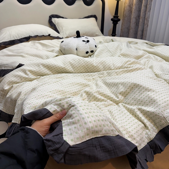 91家纺网 家纺一手货源 找家纺 （总）（总）【苏东来】2026韩版蕾丝花边纯棉全棉双层纱四件套印花纯棉四件套法式赫本木耳花边全棉公主双层纱四件套