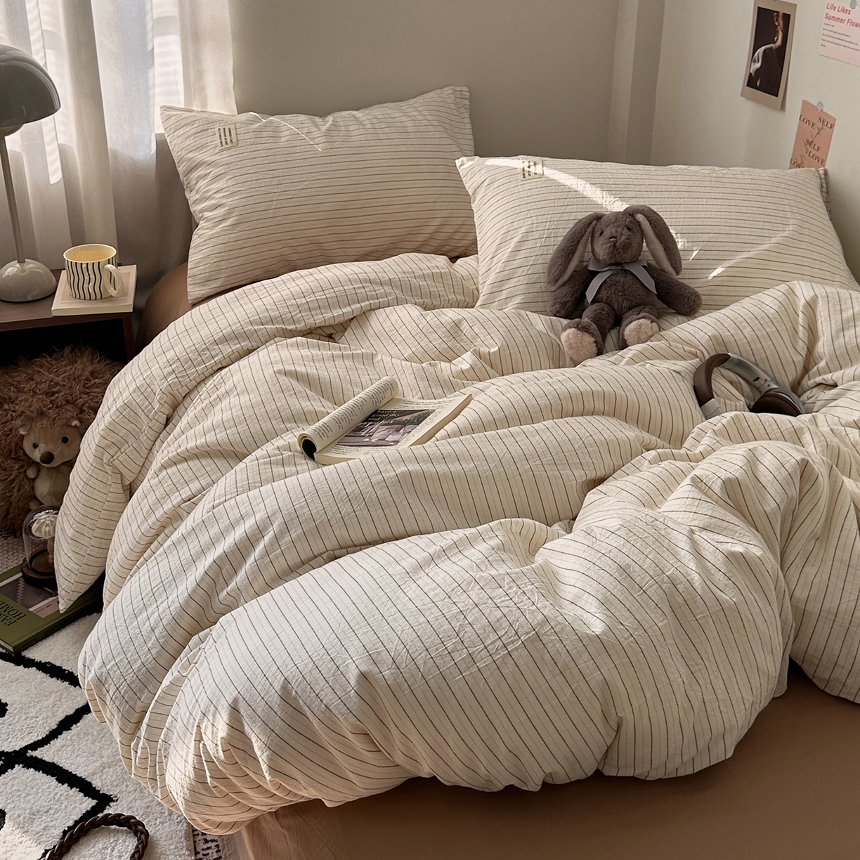 艾咪-Amy ntmy 2026新款布标条纹款全棉纯棉色织水洗棉四件套 咖细条