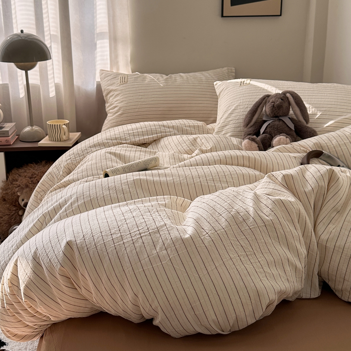 91家纺网 家纺一手货源 找家纺 艾咪-Amy ntmy 2026新款布标条纹款全棉纯棉色织水洗棉四件套 咖细条