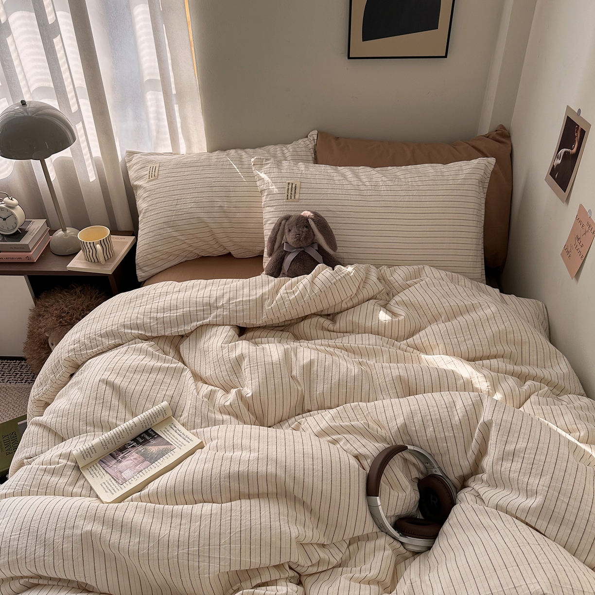 91家纺网 家纺一手货源 找家纺 艾咪-Amy ntmy 2026新款布标条纹款全棉纯棉色织水洗棉四件套 咖细条