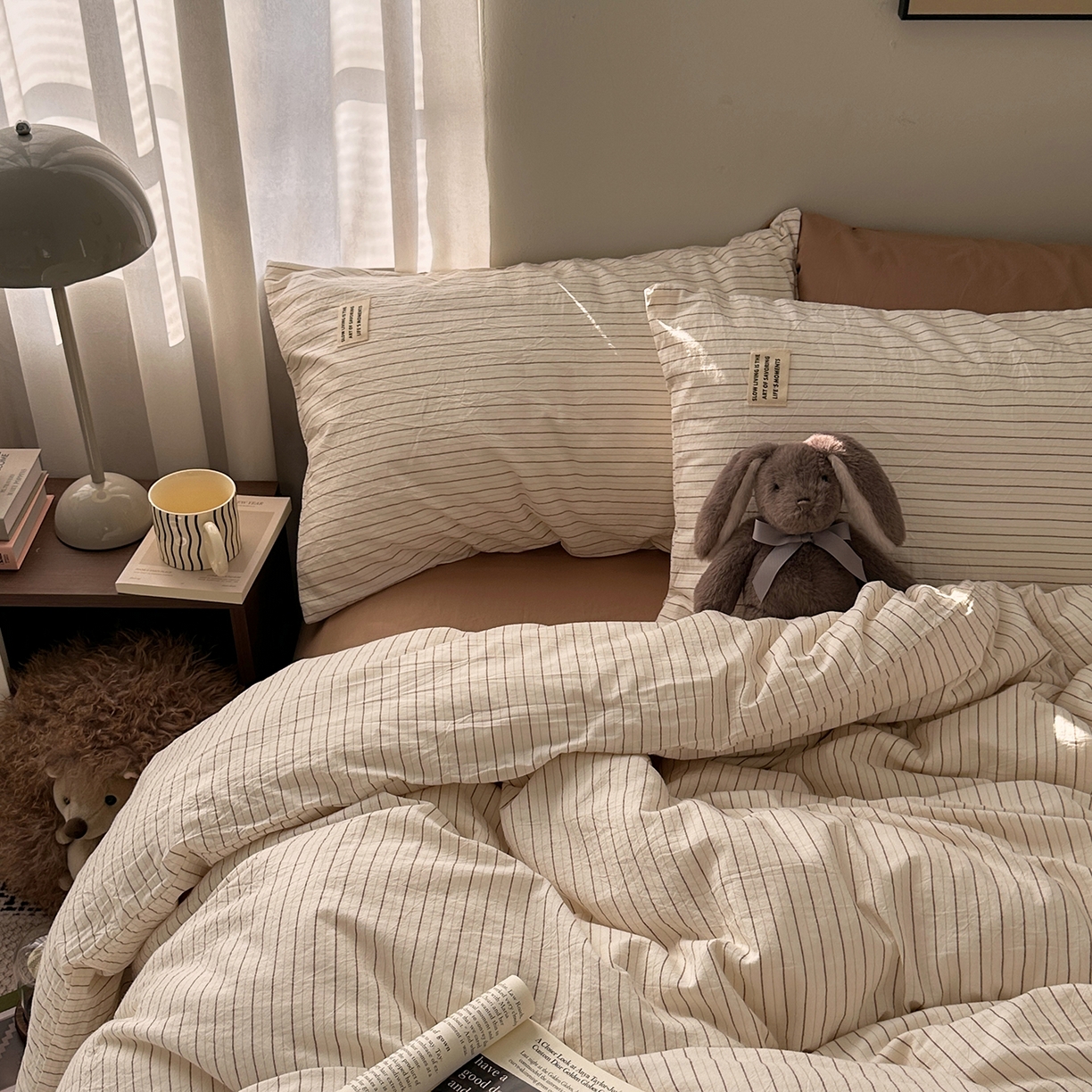 91家纺网 家纺一手货源 找家纺 艾咪-Amy ntmy 2026新款布标条纹款全棉纯棉色织水洗棉四件套 咖细条