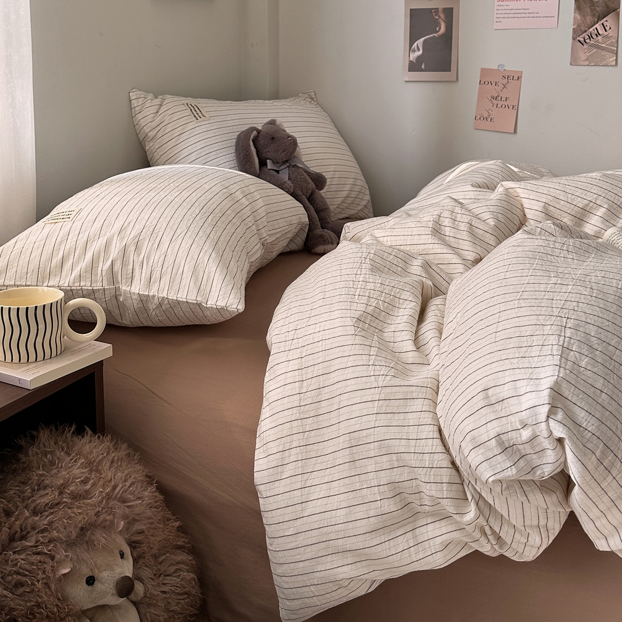 91家纺网 家纺一手货源 找家纺 艾咪-Amy ntmy 2026新款布标条纹款全棉纯棉色织水洗棉四件套 咖细条