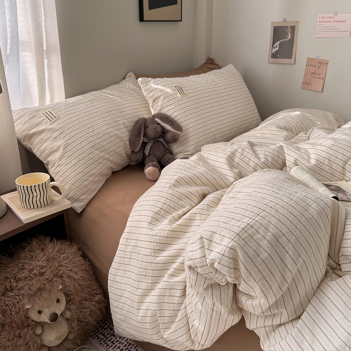 91家纺网 家纺一手货源 找家纺 艾咪-Amy ntmy 2026新款布标条纹款全棉纯棉色织水洗棉四件套 咖细条