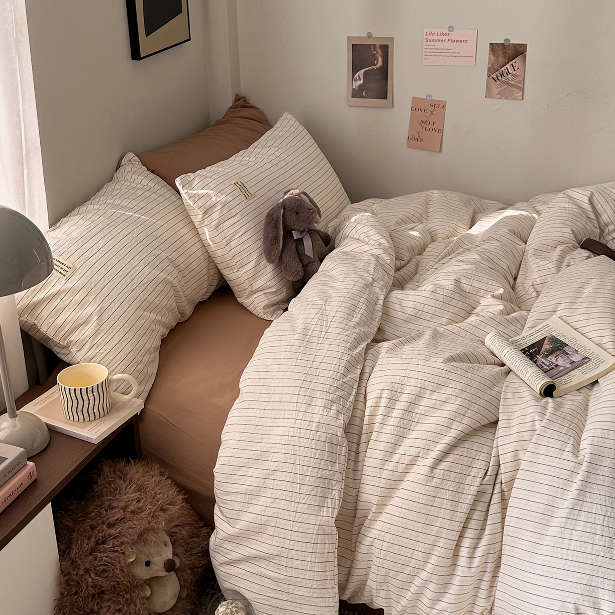 91家纺网 家纺一手货源 找家纺 艾咪-Amy ntmy 2026新款布标条纹款全棉纯棉色织水洗棉四件套 咖细条