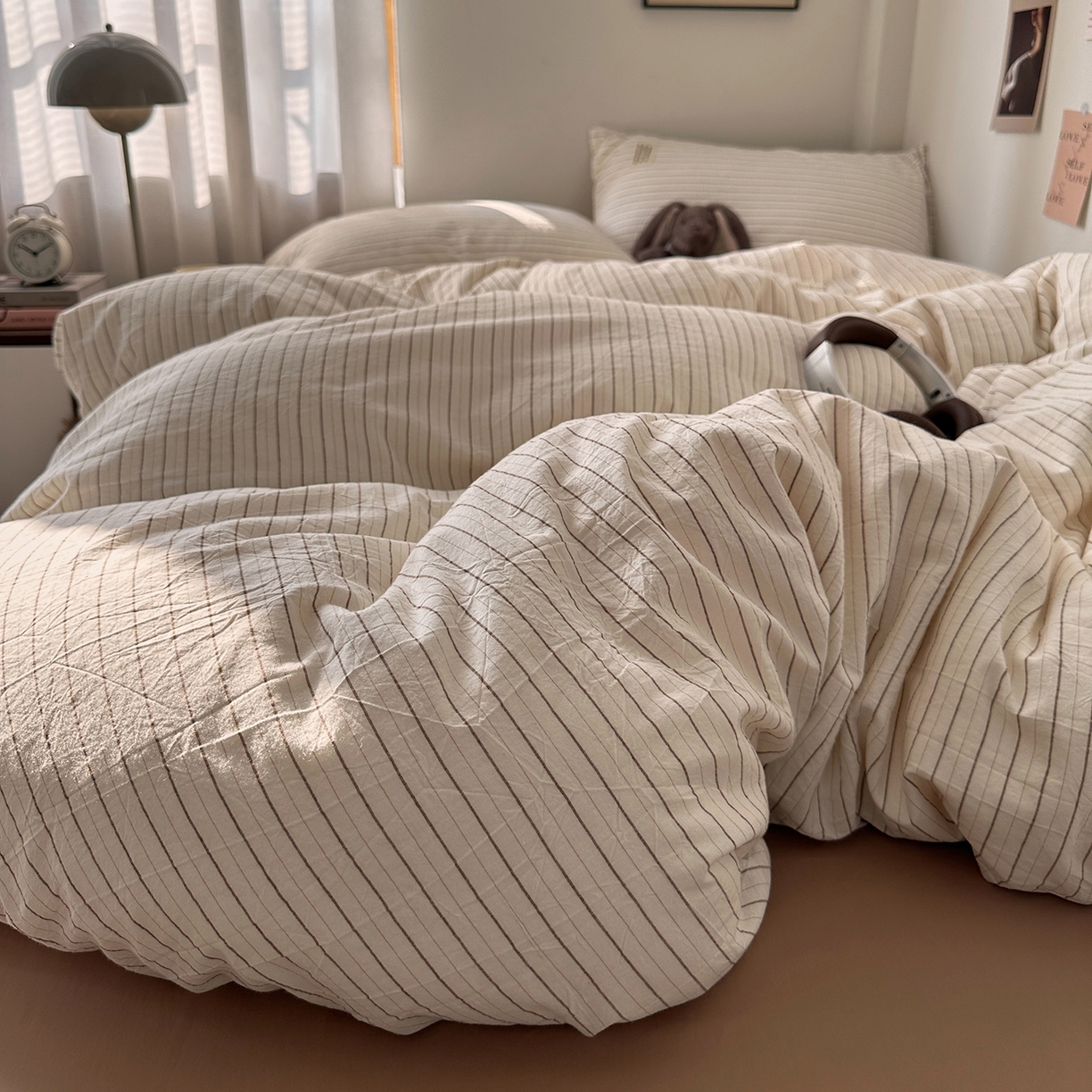 91家纺网 家纺一手货源 找家纺 艾咪-Amy ntmy 2026新款布标条纹款全棉纯棉色织水洗棉四件套 咖细条