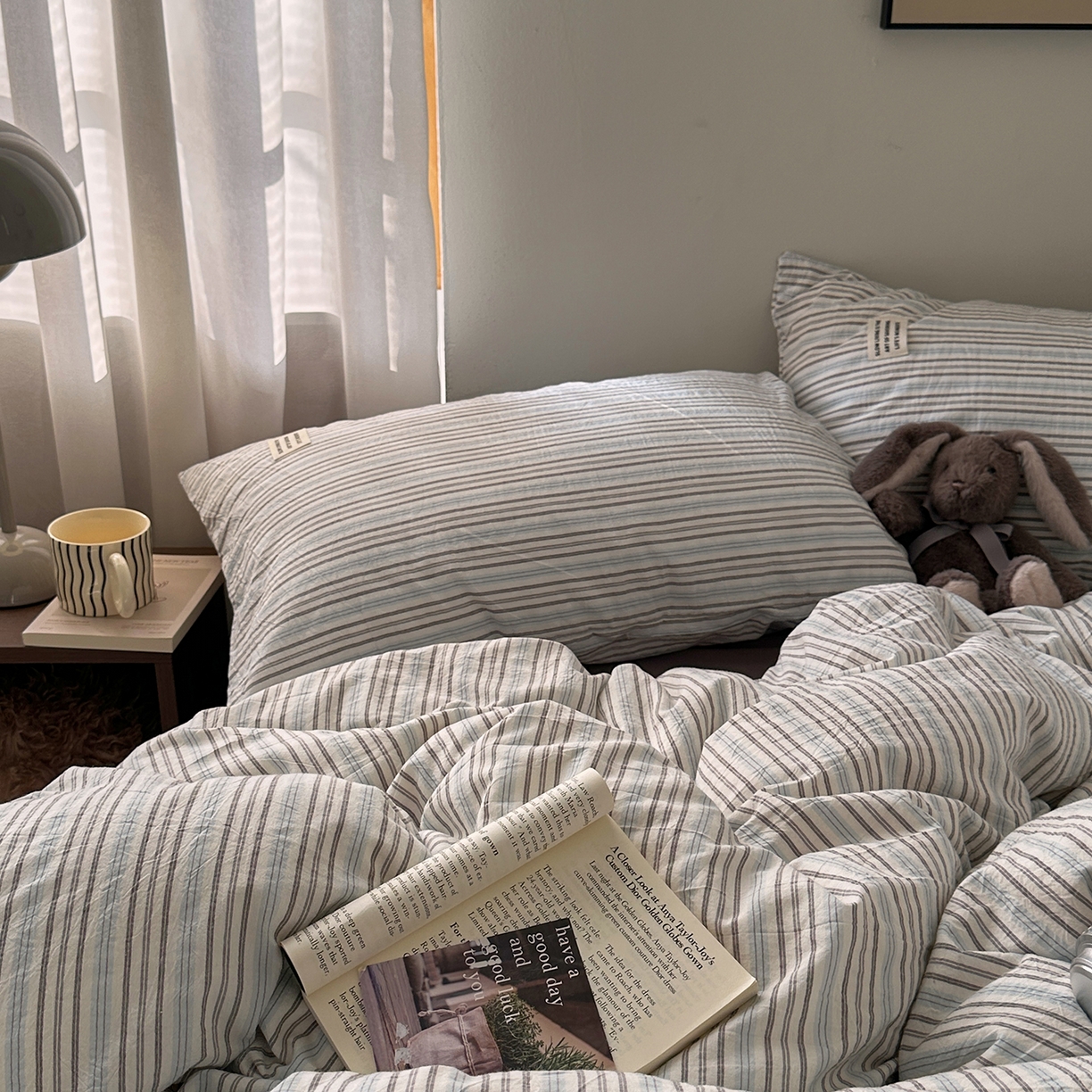 91家纺网 家纺一手货源 找家纺 艾咪-Amy ntmy 2026新款布标条纹款全棉纯棉色织水洗棉四件套 蓝灰条