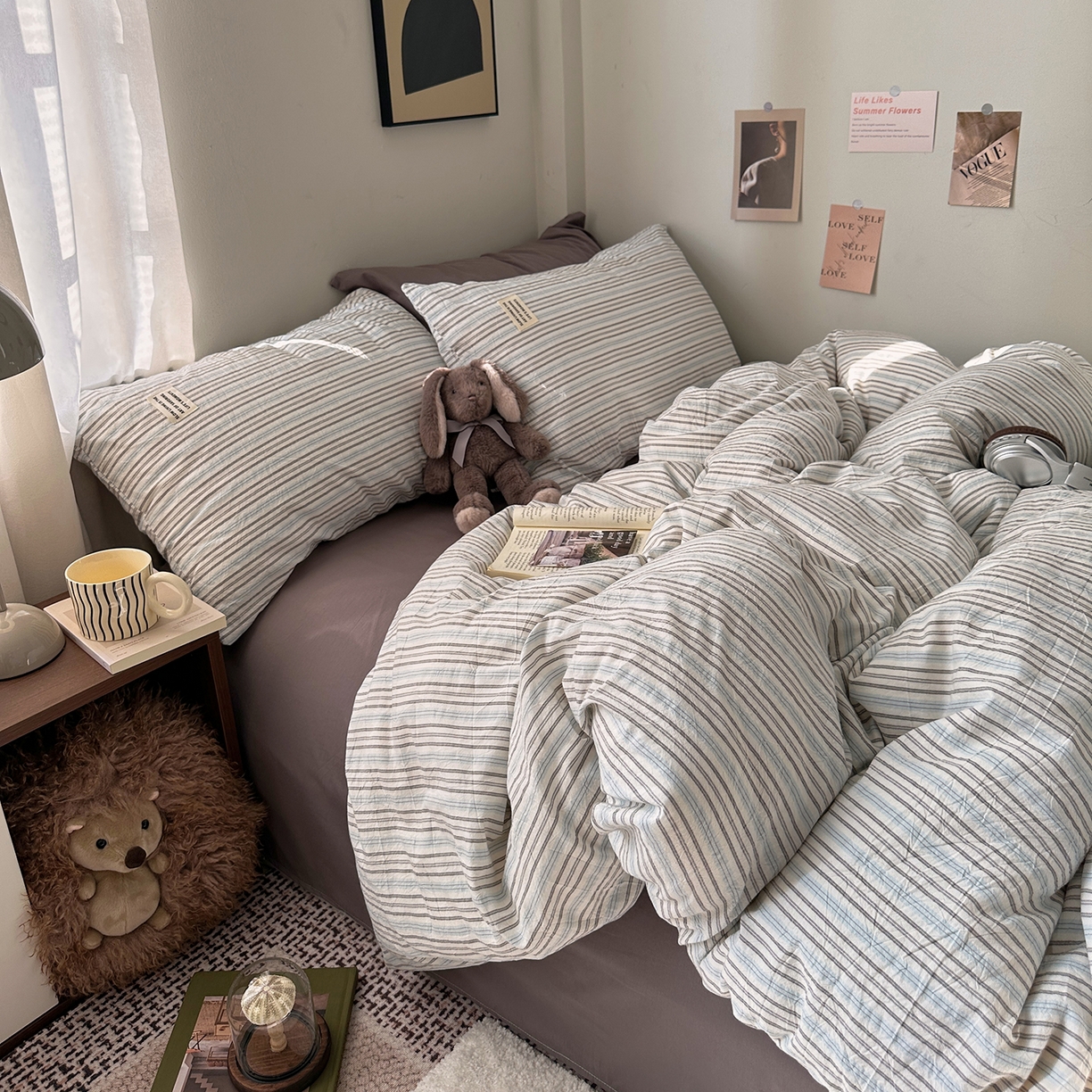 91家纺网 家纺一手货源 找家纺 艾咪-Amy ntmy 2026新款布标条纹款全棉纯棉色织水洗棉四件套 蓝灰条