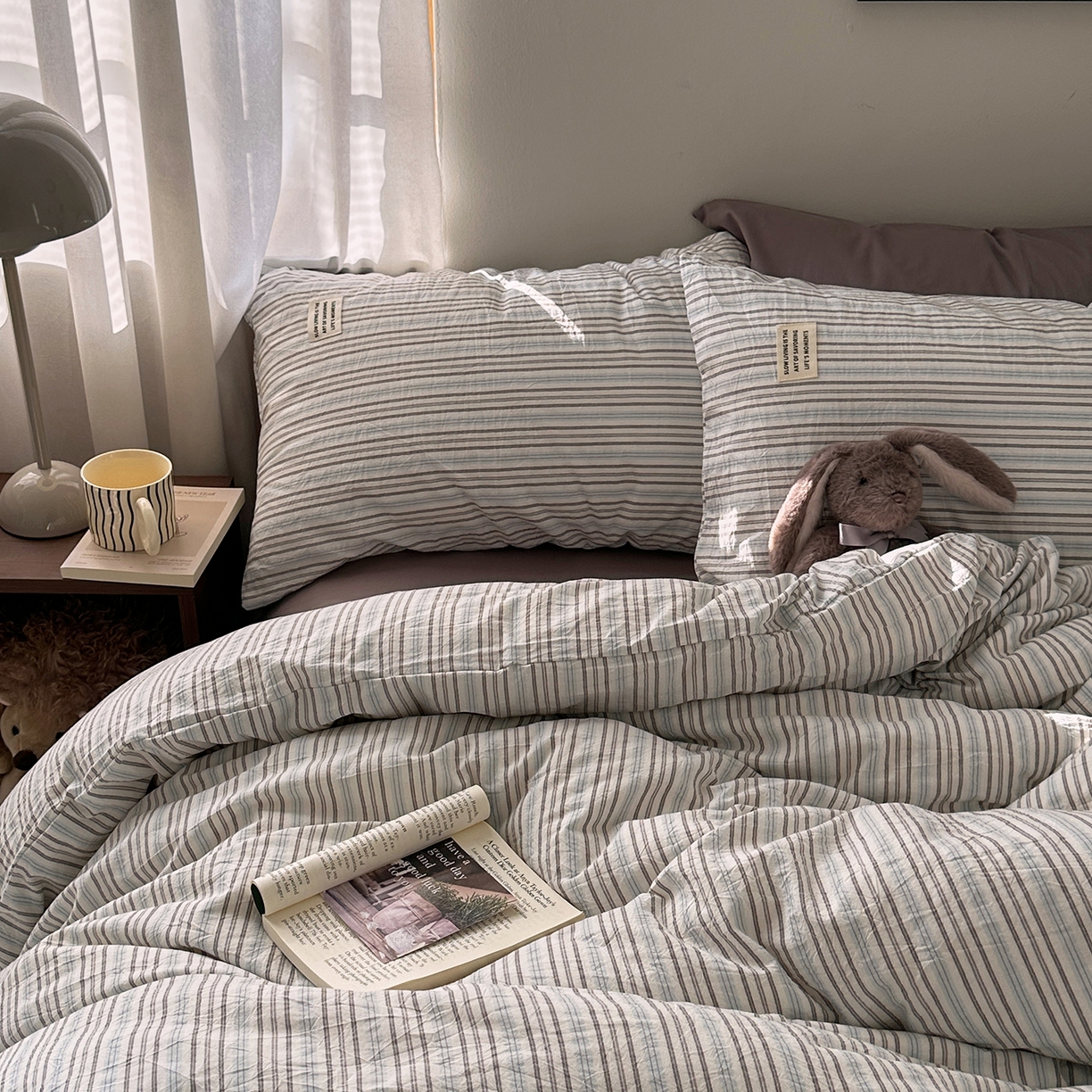 91家纺网 家纺一手货源 找家纺 艾咪-Amy ntmy 2026新款布标条纹款全棉纯棉色织水洗棉四件套 蓝灰条