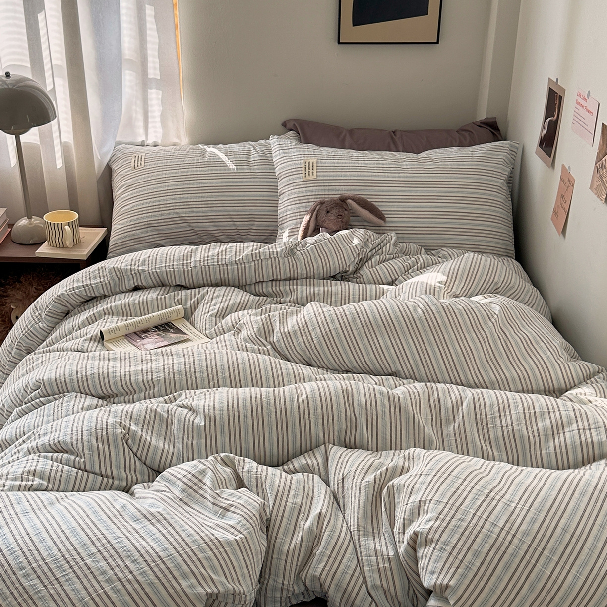 91家纺网 家纺一手货源 找家纺 艾咪-Amy ntmy 2026新款布标条纹款全棉纯棉色织水洗棉四件套 蓝灰条