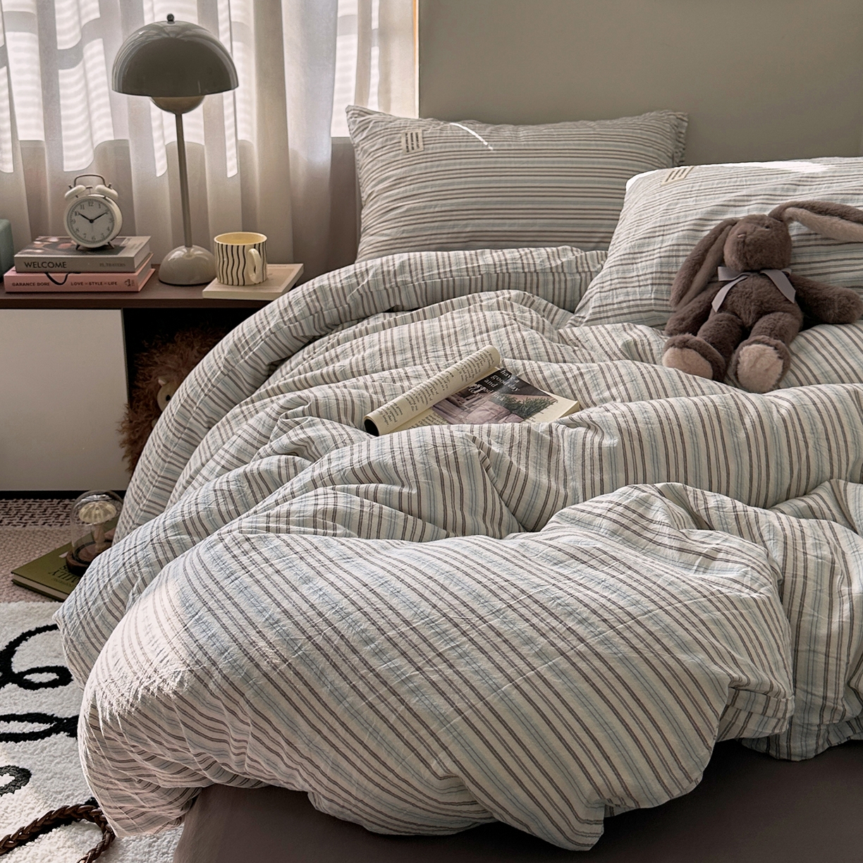 91家纺网 家纺一手货源 找家纺 艾咪-Amy ntmy 2026新款布标条纹款全棉纯棉色织水洗棉四件套 蓝灰条